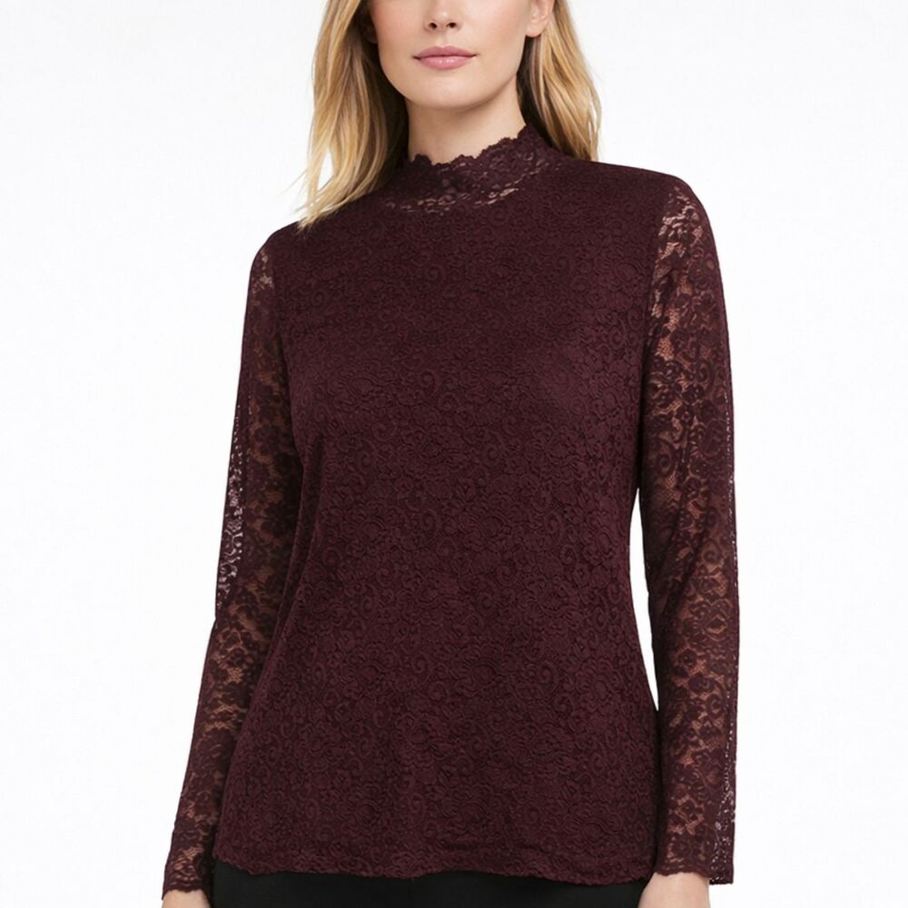 Vince Camuto Lace Blouse Womens Sz XL Burgundy Victorian High Neck Dark Romantic